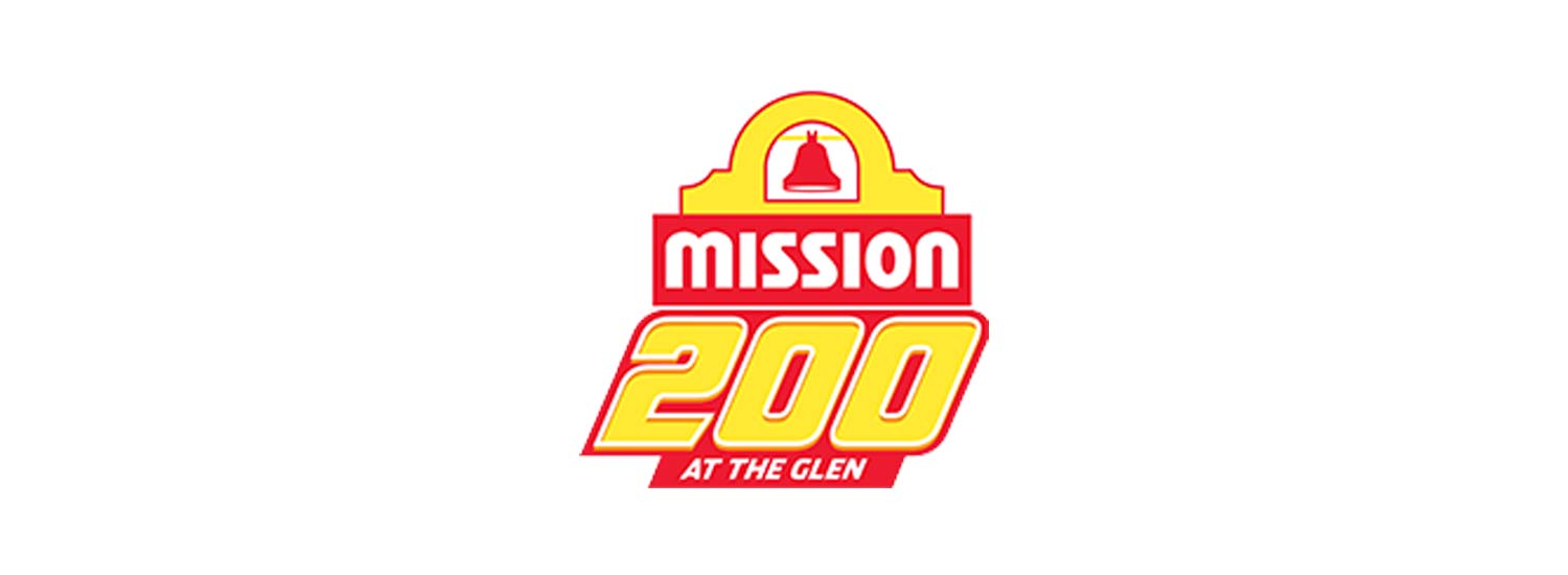 Logo for the “Mission 200 at The Glen” NASCAR event. The design features a red and yellow color scheme. At the top is the Mission Foods bell logo inside a rounded arch. Below it, the word “MISSION” is displayed in bold white uppercase letters inside a red rectangle. Beneath that, the number “200” is prominently featured in large, bold yellow numbers outlined in red. The phrase “AT THE GLEN” appears in smaller white text beneath the number. The entire logo has a dynamic, energetic appearance typical of racing event branding.