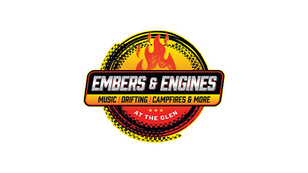 Circular logo for “Embers & Engines.” The background is a red and yellow gradient with stylized flames at the top. Across the center is a black banner with white and yellow text that reads: “Embers & Engines.” Below the banner, in smaller yellow text, it says: “Music, Drifting, Campfires & More.” At the bottom, within the circle, red text on a yellow background reads: “At The Glen.” The outer edge has a distressed black and yellow ring pattern.