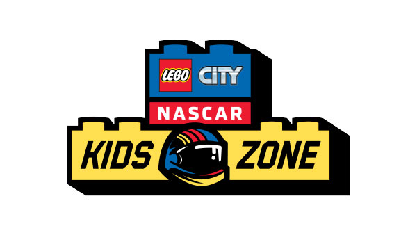 LEGO City and NASCAR Kids Zone logo featuring a blue LEGO brick top with LEGO City branding above a red NASCAR banner and bold yellow “Kids Zone” text separated by a racing helmet icon.