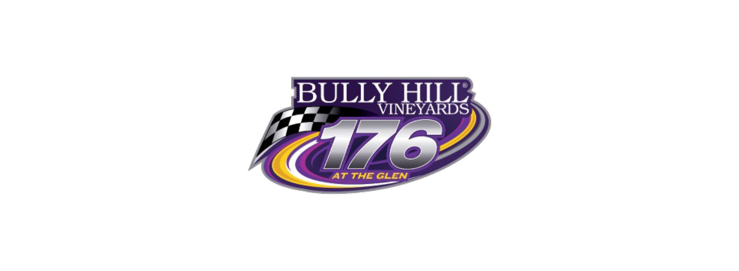 Bully Hill Vineyards 176 at the Glen event logo featuring a checkered flag and purple, yellow, and orange racing swirl design.