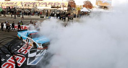 Kaden Honeycutt, driver of the #11 Safelite + Foster Love Toyota, celebrates with a burnout after winning the NASCAR Craftsman Truck Series Bully Hill Vineyards 176 at The Glen at Watkins Glen International on May 08, 2026 in Watkins Glen, New York. (Photo by Sean Gardner/Getty Images)