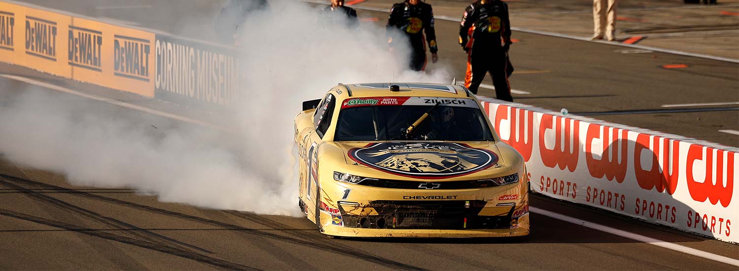 MAY 09: Connor Zilisch, driver of the #1 Jockey 150 Years Chevrolet, celebrates with a burnout after winning the NASCAR O'Reilly Auto Parts Series Mission 200 at The Glen at Watkins Glen International on May 09, 2026 in Watkins Glen, New York. (Photo by Sean Gardner/Getty Images)