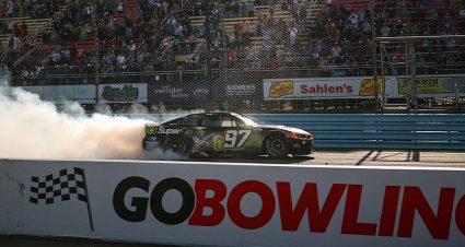 Shane Van Gisbergen, driver of the #97 Superfile Chevrolet, celebrates with a burnout after winning the NASCAR Cup Series Go Bowling at The Glen at Watkins Glen International on May 10, 2026 in Watkins Glen, New York. (Photo by Chris Graythen/Getty Images)