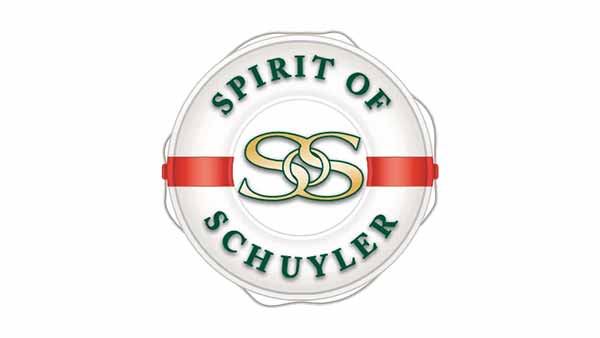 Spirit of Schuyler logo featuring intertwined green and gold letters centered over a red stripe.